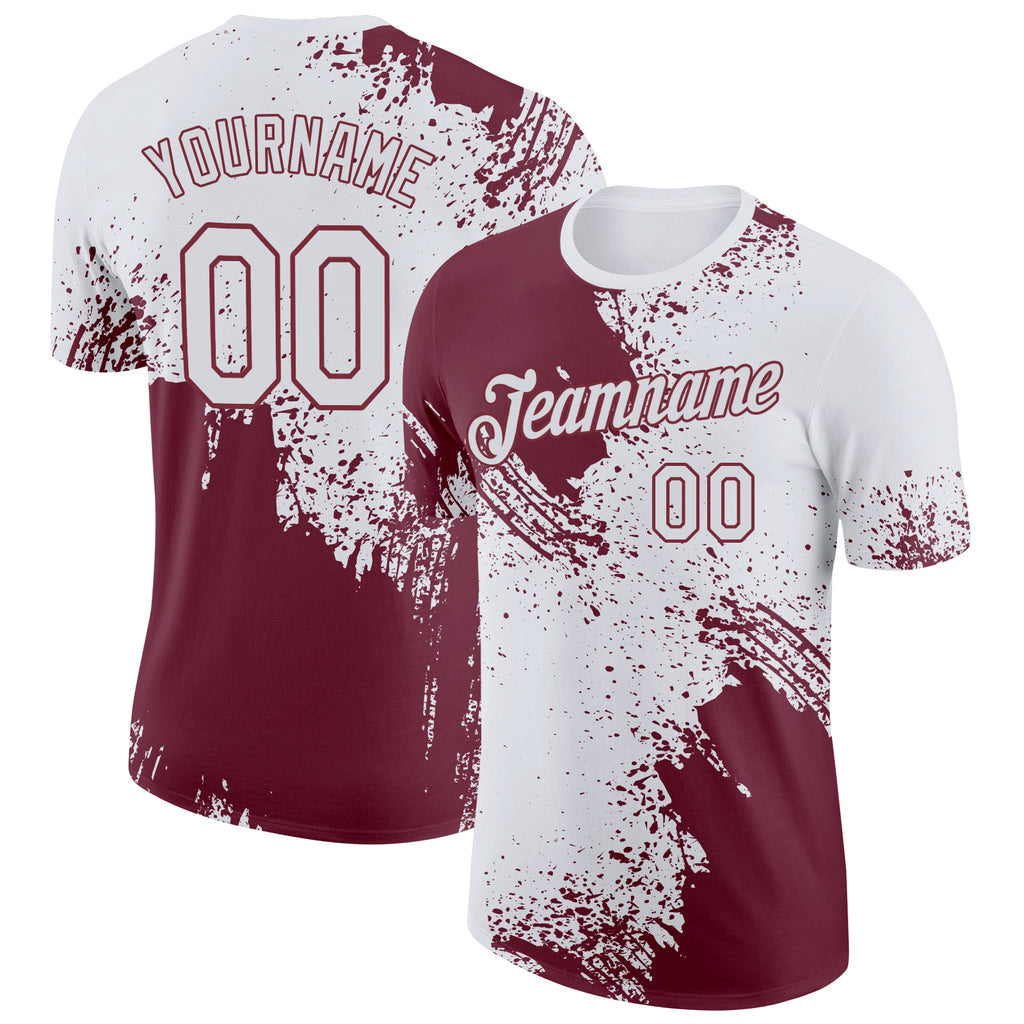 Custom White Burgundy 3D Pattern Design Abstract Brush Stroke Performance T-Shirt