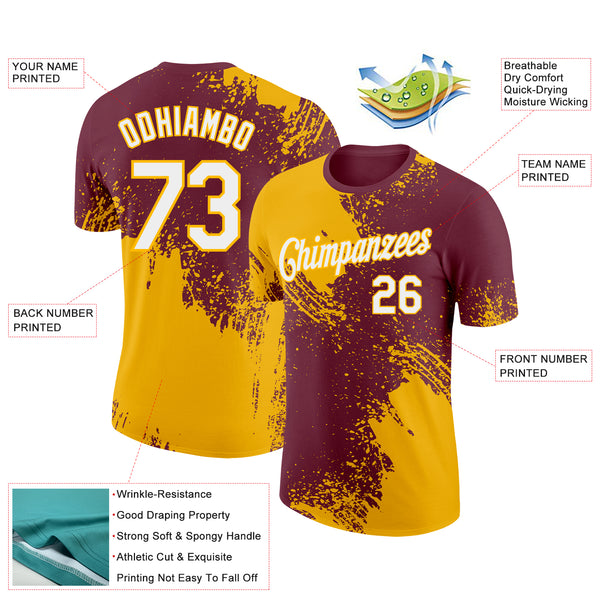Custom Burgundy White-Gold 3D Pattern Design Abstract Brush Stroke Performance T-Shirt