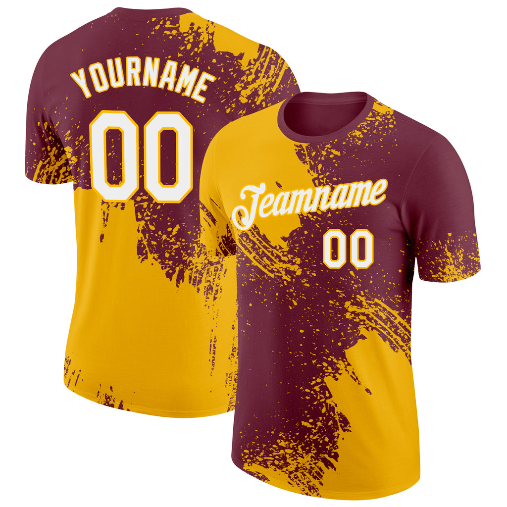 Custom Burgundy White-Gold 3D Pattern Design Abstract Brush Stroke Performance T-Shirt