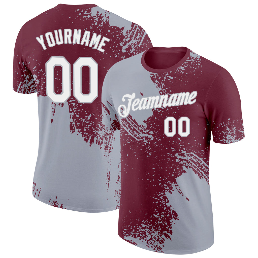 Custom Burgundy White-Gray 3D Pattern Design Abstract Brush Stroke Performance T-Shirt