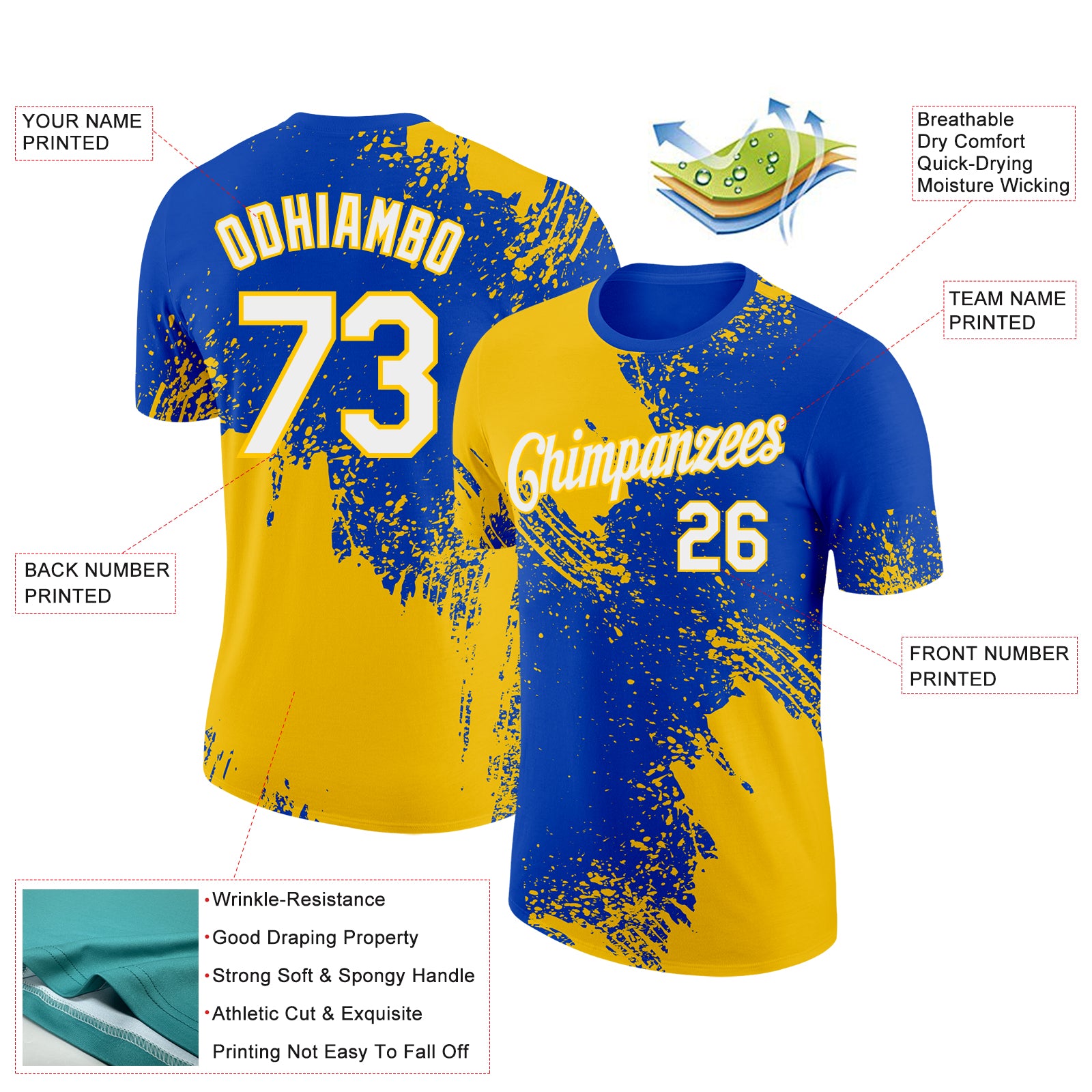 Custom Thunder Blue White-Yellow 3D Pattern Design Abstract Brush Stroke Performance T-Shirt