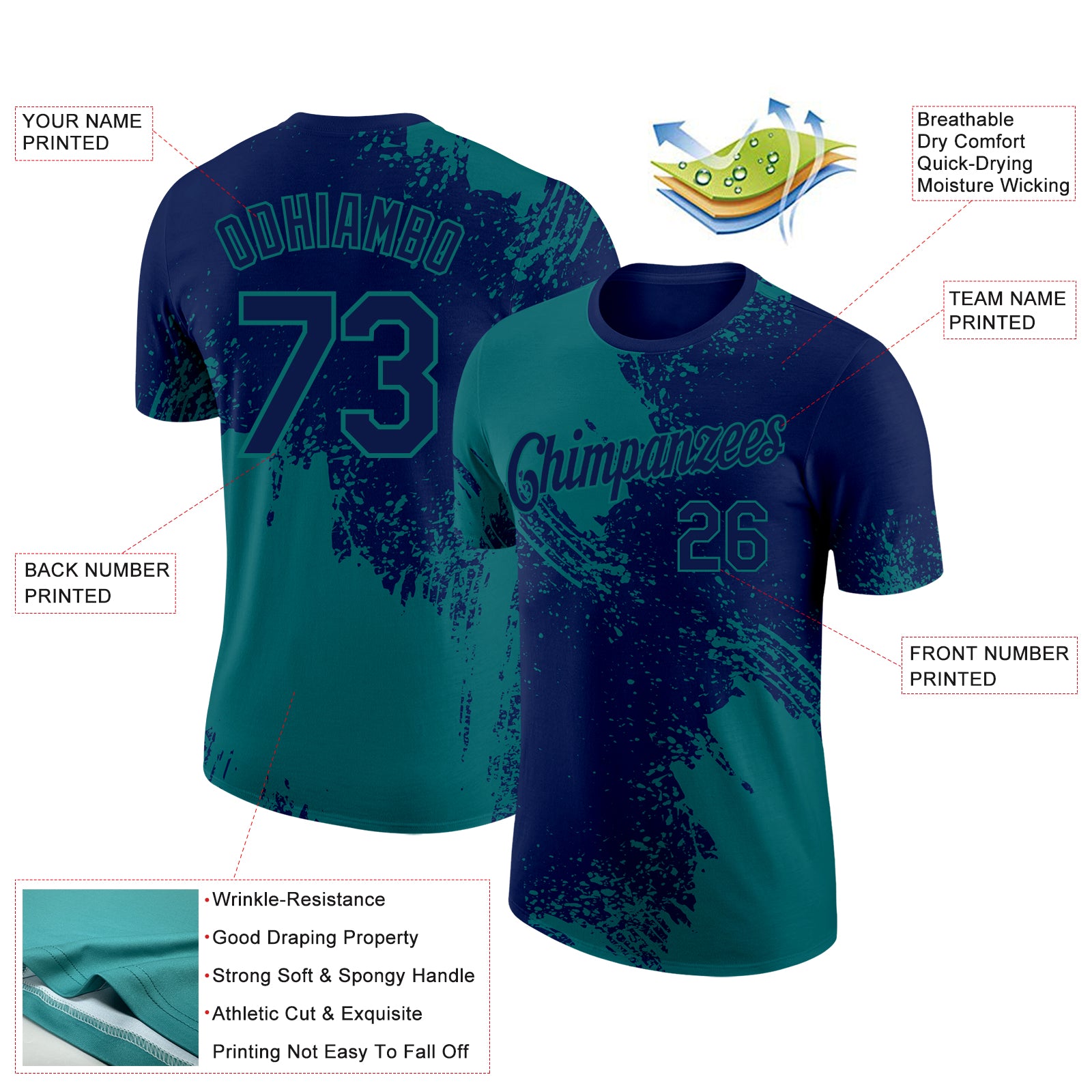 Custom Navy Teal 3D Pattern Design Abstract Brush Stroke Performance T-Shirt