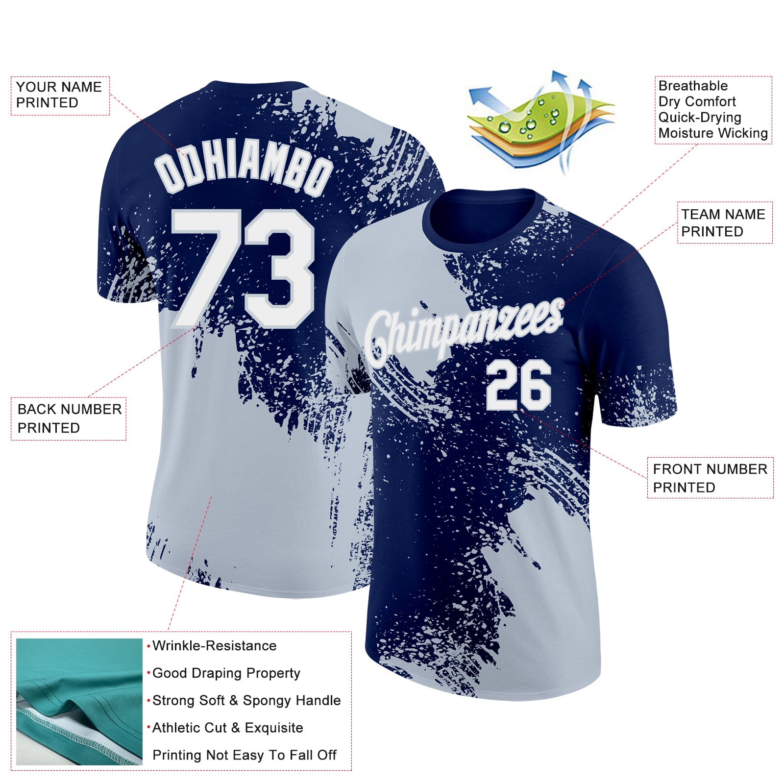 Custom Navy White-Silver 3D Pattern Design Abstract Brush Stroke Performance T-Shirt