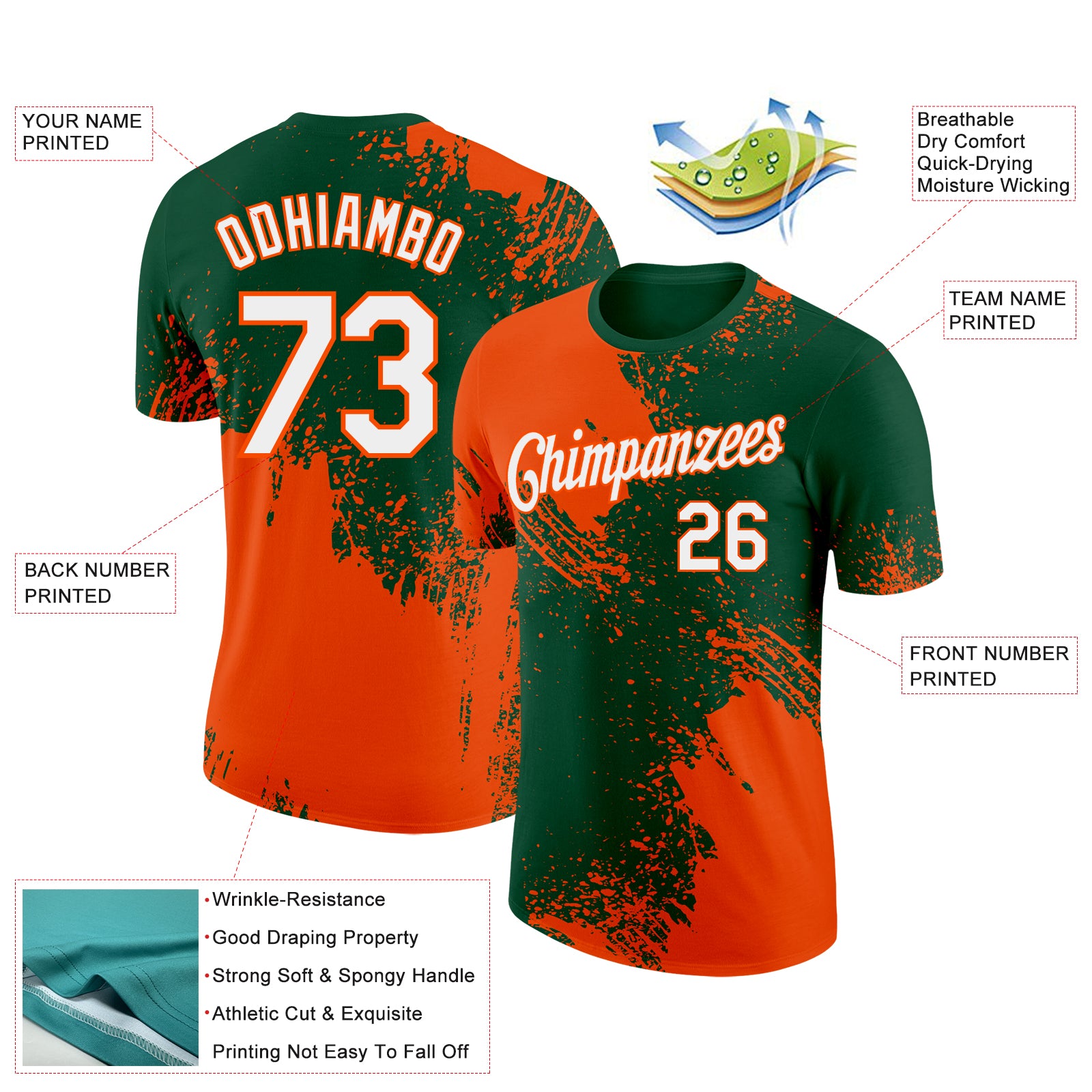 Custom Green White-Orange 3D Pattern Design Abstract Brush Stroke Performance T-Shirt