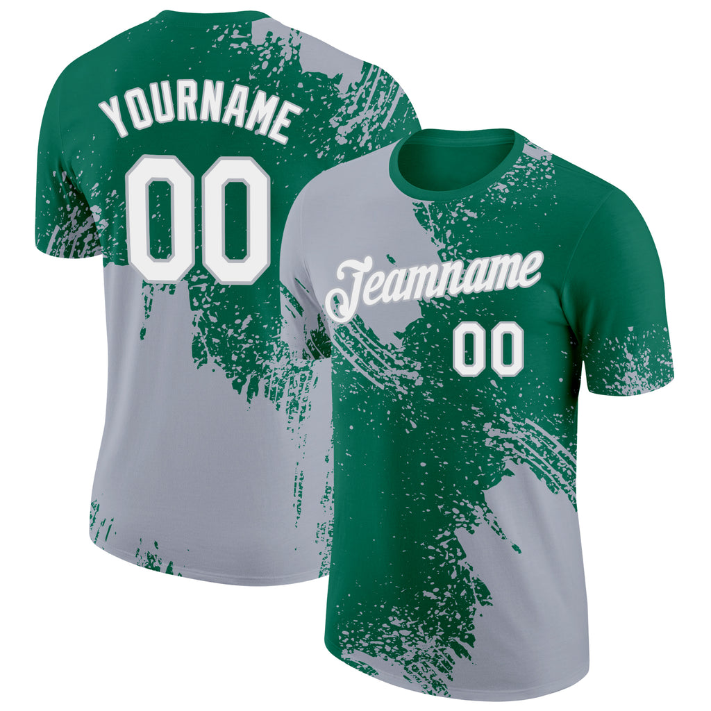 Custom Kelly Green White-Gray 3D Pattern Design Abstract Brush Stroke Performance T-Shirt