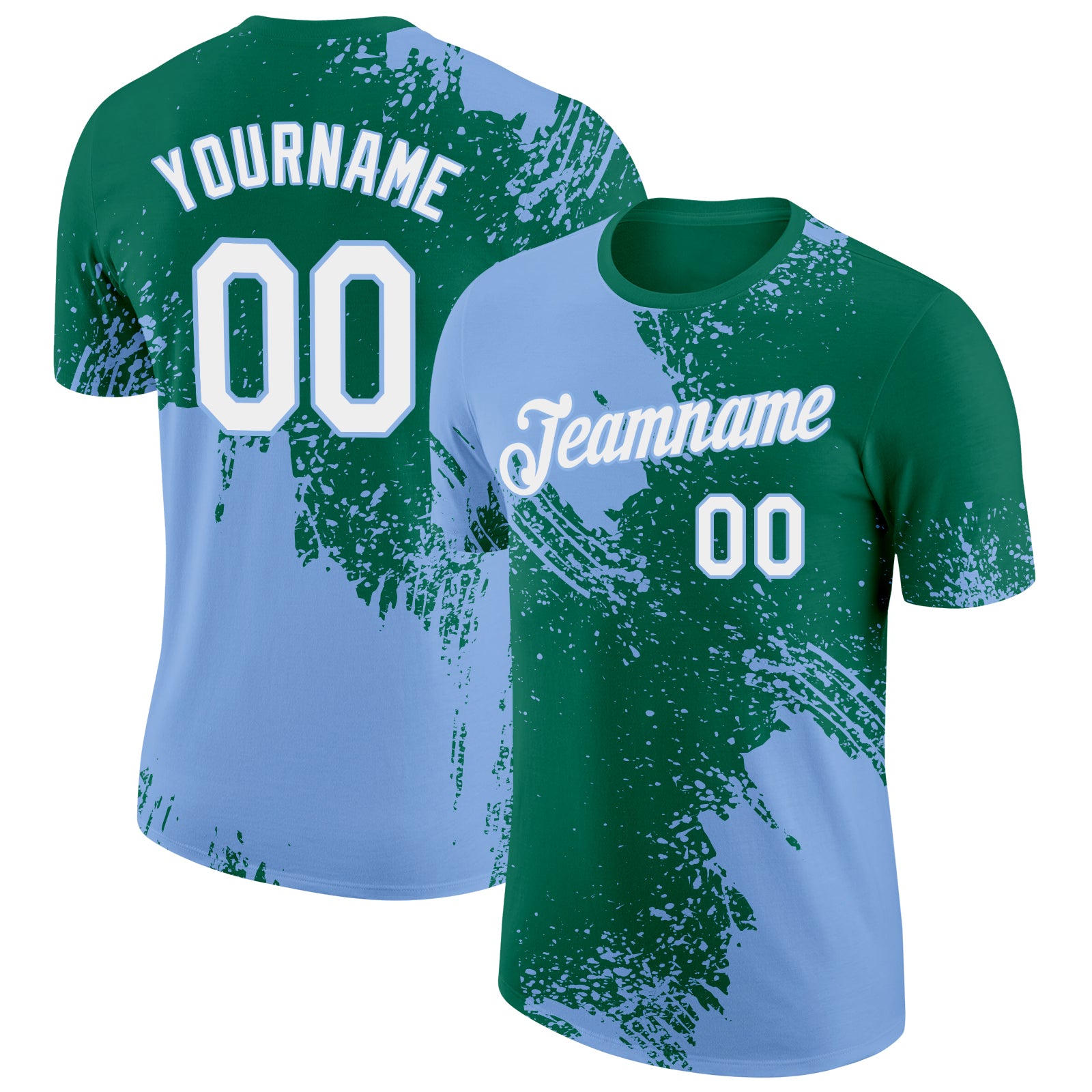 Custom Kelly Green White-Light Blue 3D Pattern Design Abstract Brush Stroke Performance T-Shirt