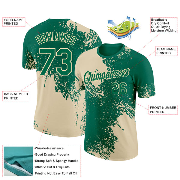 Custom Kelly Green Cream 3D Pattern Design Abstract Brush Stroke Performance T-Shirt