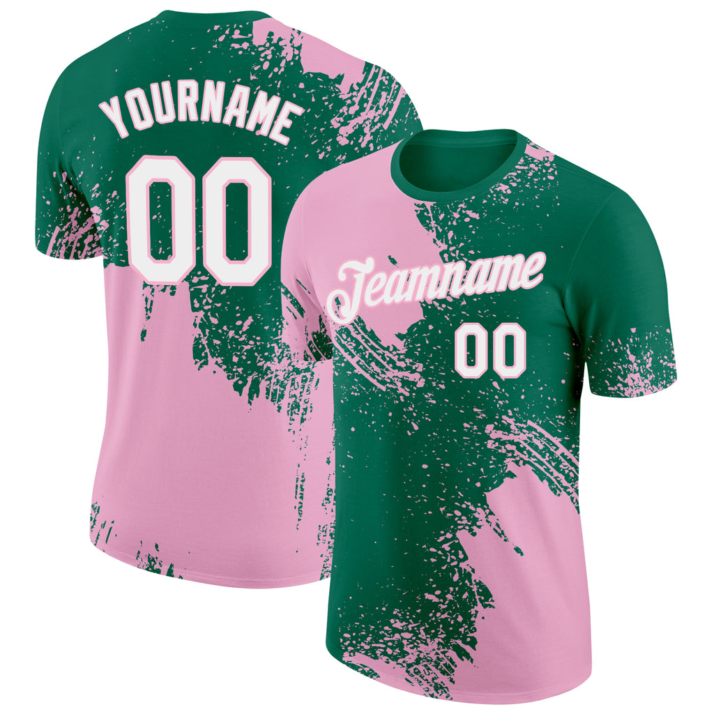 Custom Kelly Green White-Light Pink 3D Pattern Design Abstract Brush Stroke Performance T-Shirt