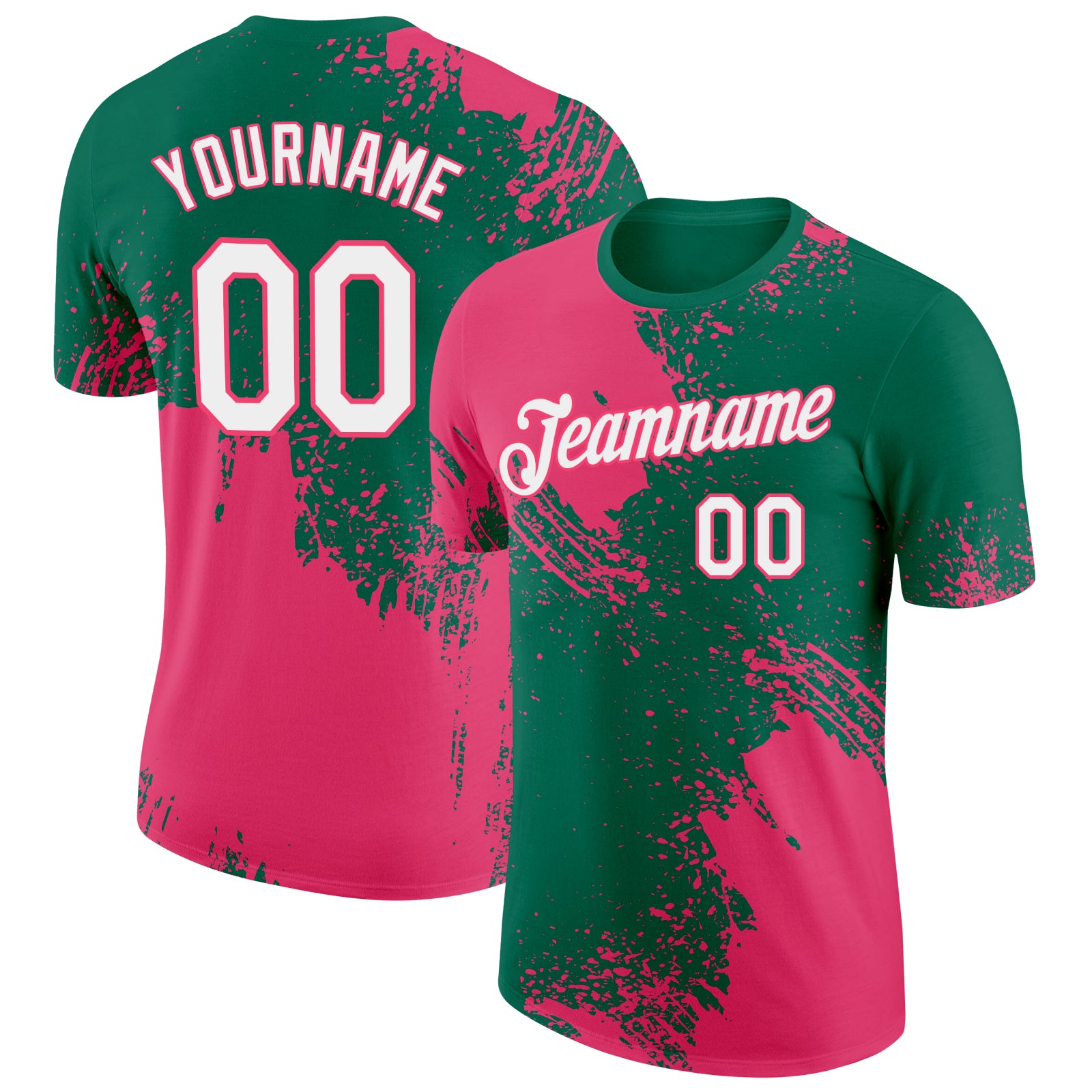 Custom Kelly Green White-Neon Pink 3D Pattern Design Abstract Brush Stroke Performance T-Shirt