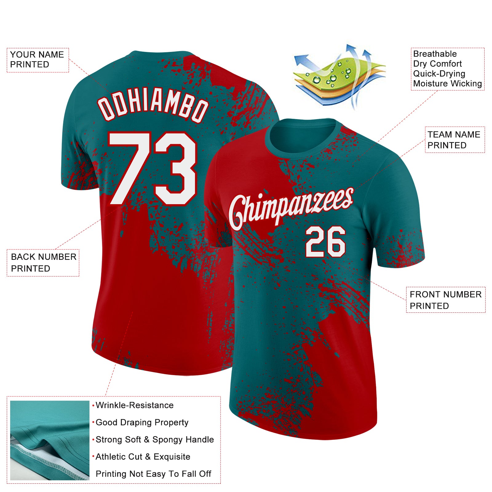 Custom Teal White-Red 3D Pattern Design Abstract Brush Stroke Performance T-Shirt