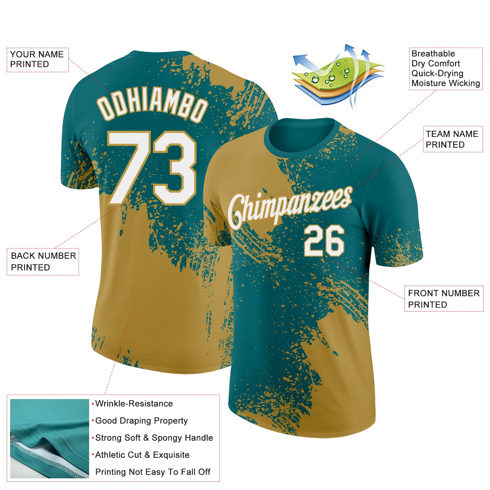 Custom Teal White-Old Gold 3D Pattern Design Abstract Brush Stroke Performance T-Shirt