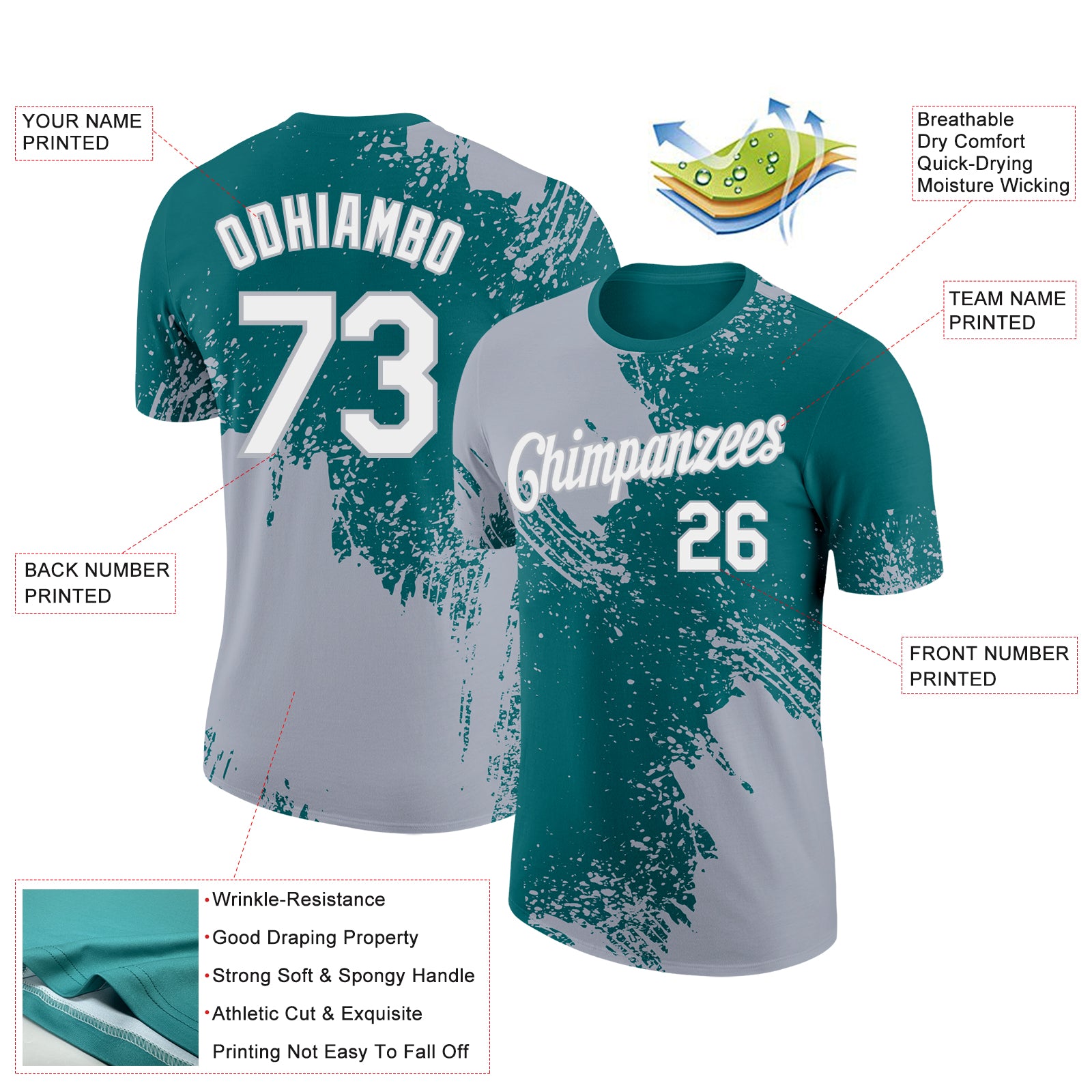 Custom Teal White-Gray 3D Pattern Design Abstract Brush Stroke Performance T-Shirt