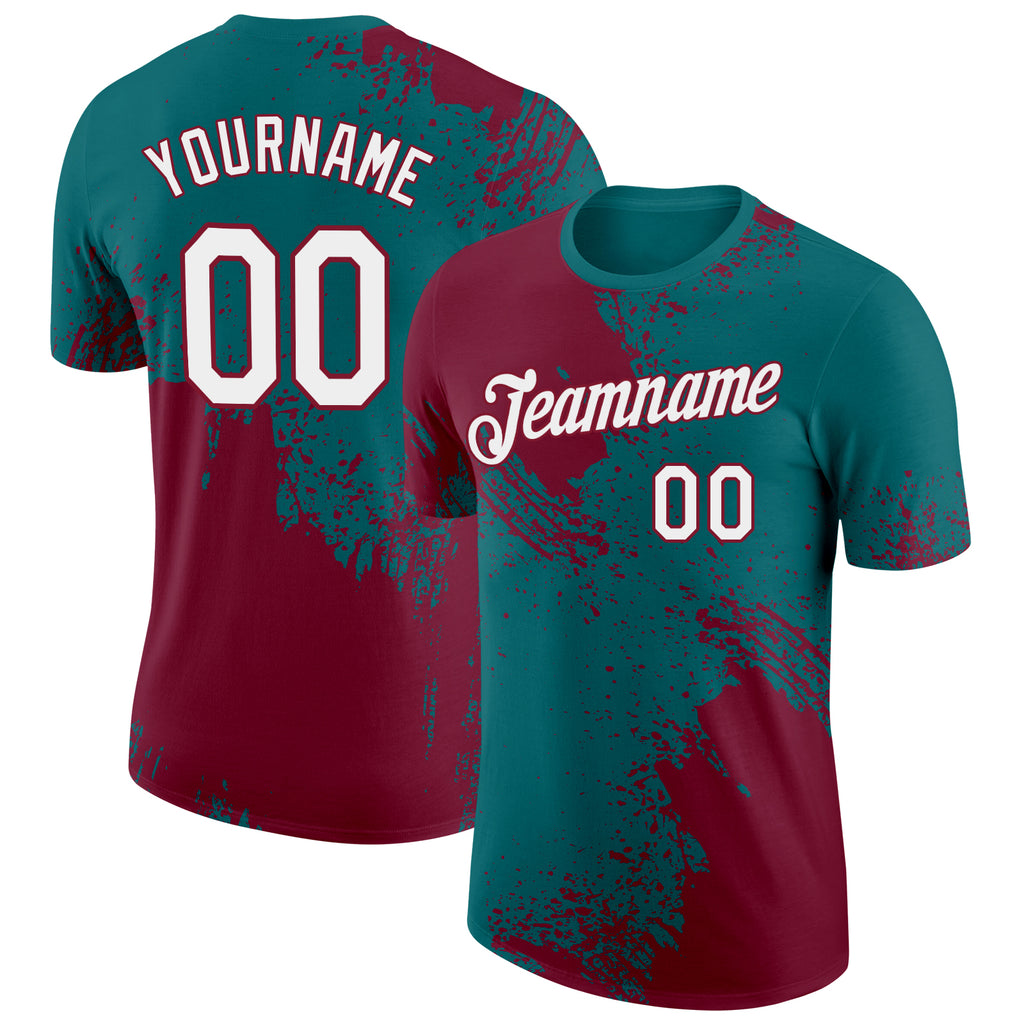 Custom Teal White-Crimson 3D Pattern Design Abstract Brush Stroke Performance T-Shirt