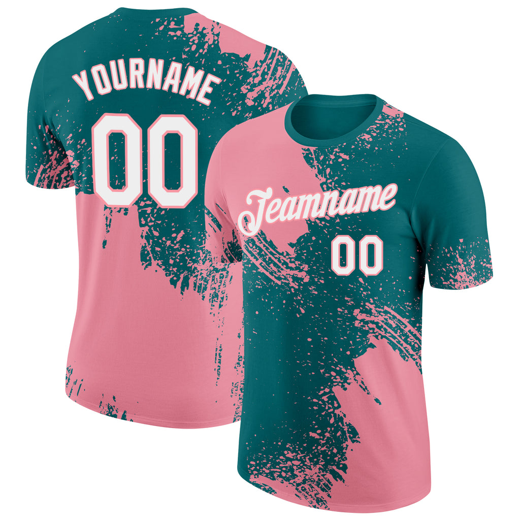 Custom Teal White-Medium Pink 3D Pattern Design Abstract Brush Stroke Performance T-Shirt