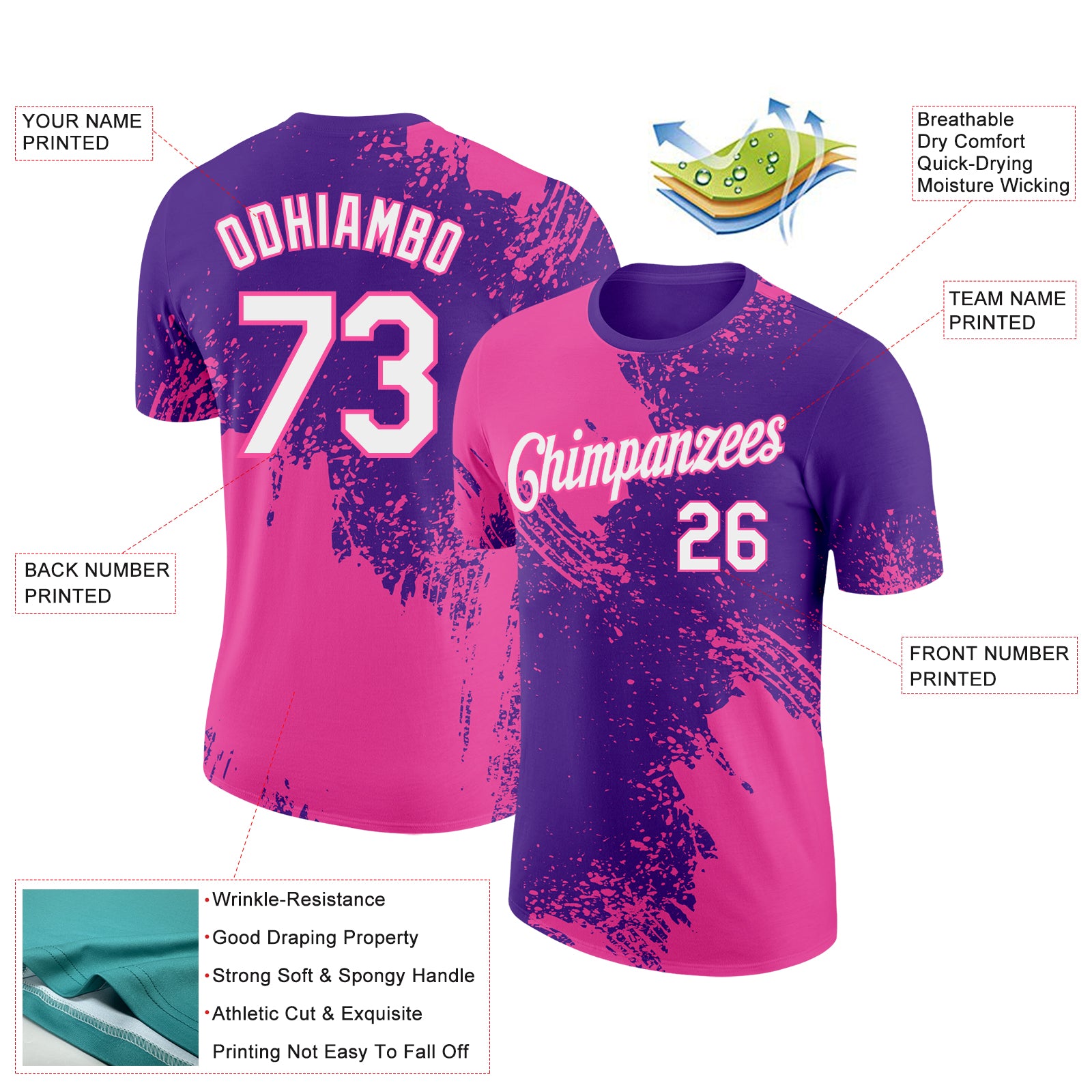 Custom Purple White-Pink 3D Pattern Design Abstract Brush Stroke Performance T-Shirt