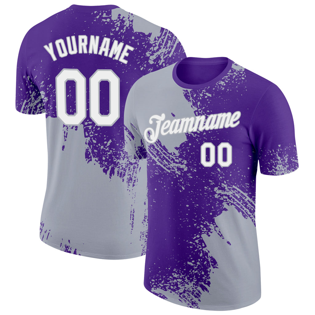 Custom Purple White-Gray 3D Pattern Design Abstract Brush Stroke Performance T-Shirt