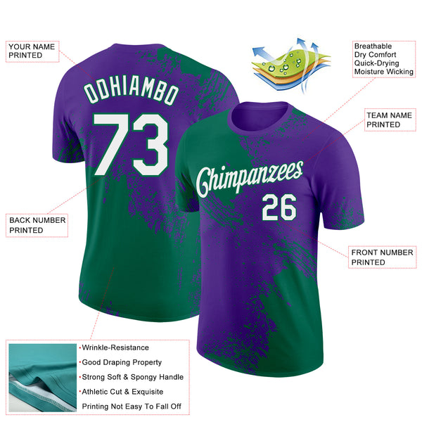 Custom Purple White-Kelly Green 3D Pattern Design Abstract Brush Stroke Performance T-Shirt