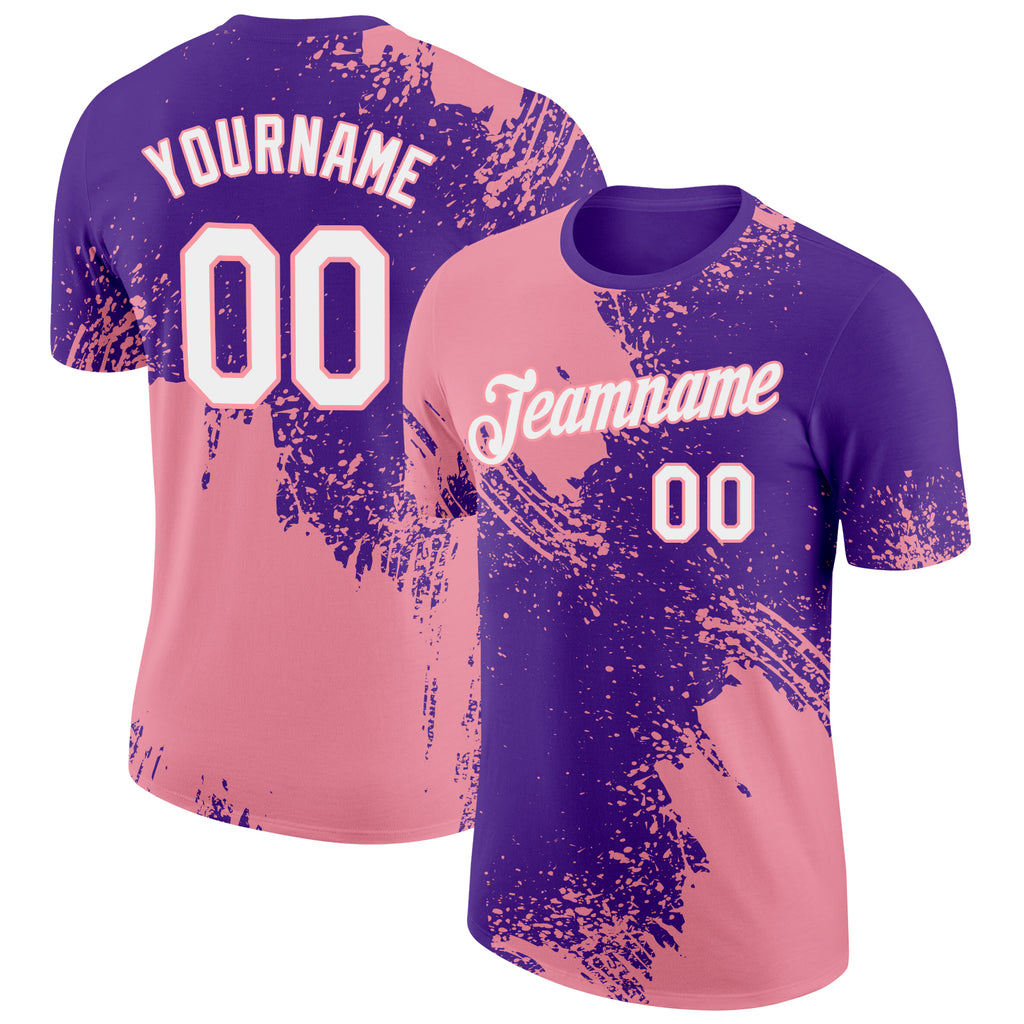 Custom Purple White-Medium Pink 3D Pattern Design Abstract Brush Stroke Performance T-Shirt