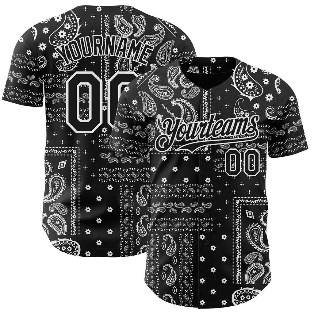 Custom Black White 3D Pattern Design Rave Party Ethnic Paisley Bandana Authentic Baseball Jersey