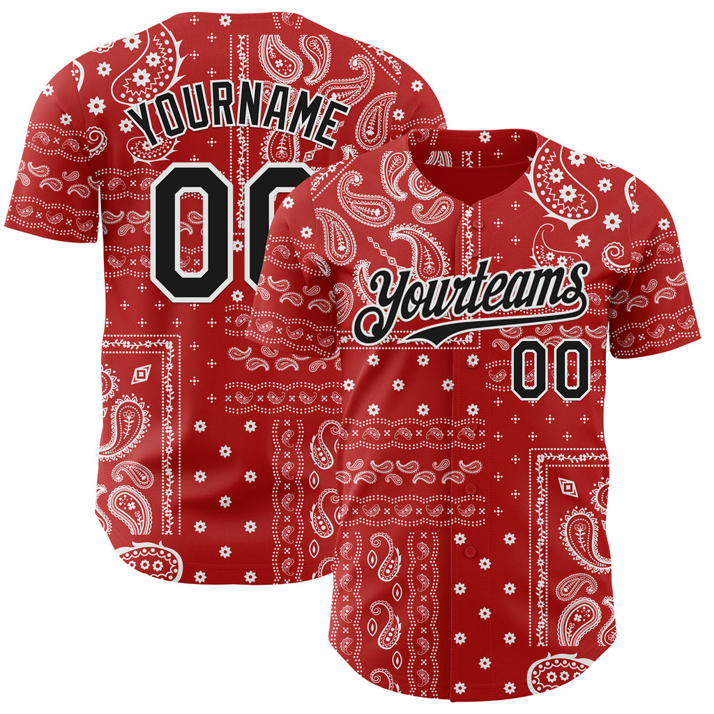 Custom Red Black-White 3D Pattern Design Rave Party Ethnic Paisley Bandana Authentic Baseball Jersey