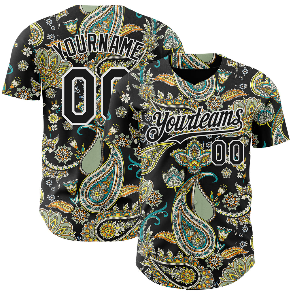 Custom Black White 3D Pattern Design Rave Party Ethnic Paisley Bandana Authentic Baseball Jersey