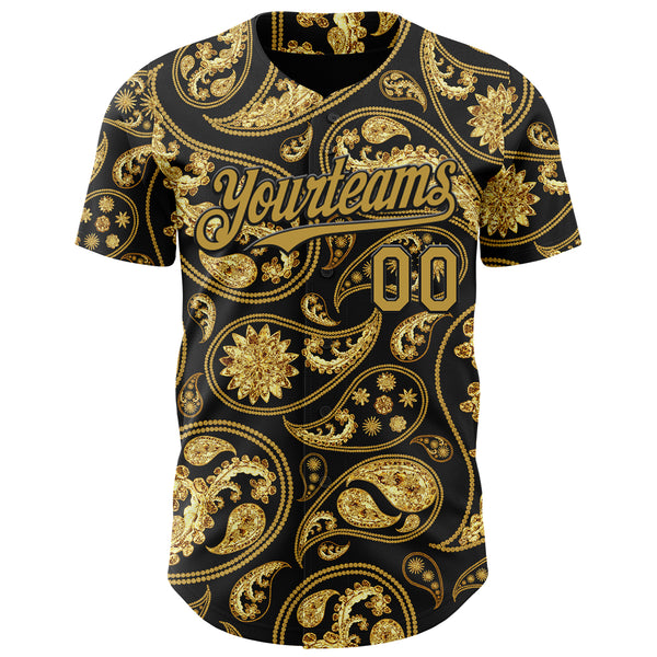 Custom Black Old Gold 3D Pattern Design Rave Party Ethnic Paisley Bandana Authentic Baseball Jersey