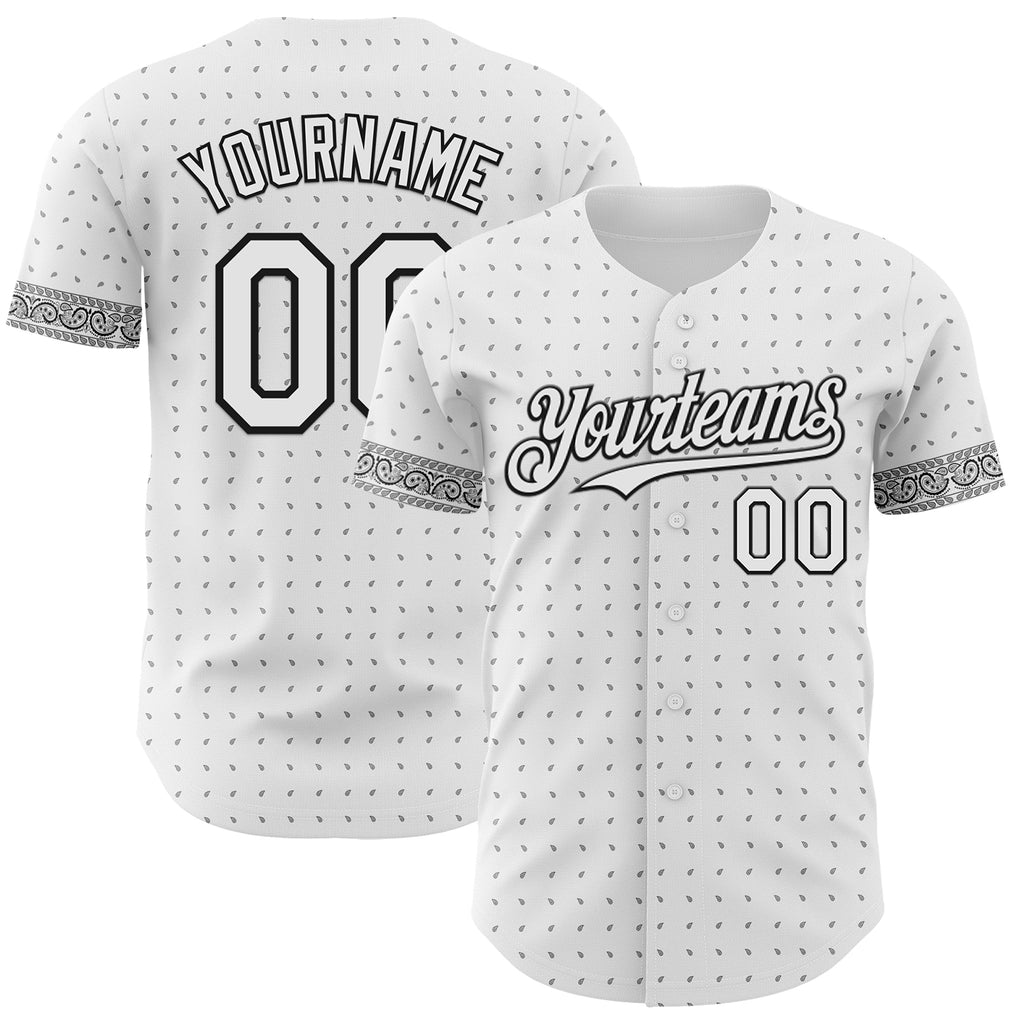 Custom White Gray-Black 3D Pattern Design Rave Party Ethnic Paisley Bandana Authentic Baseball Jersey