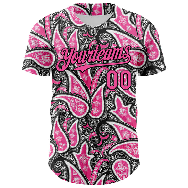 Custom Black Pink-White 3D Pattern Design Rave Party Ethnic Paisley Bandana Authentic Baseball Jersey