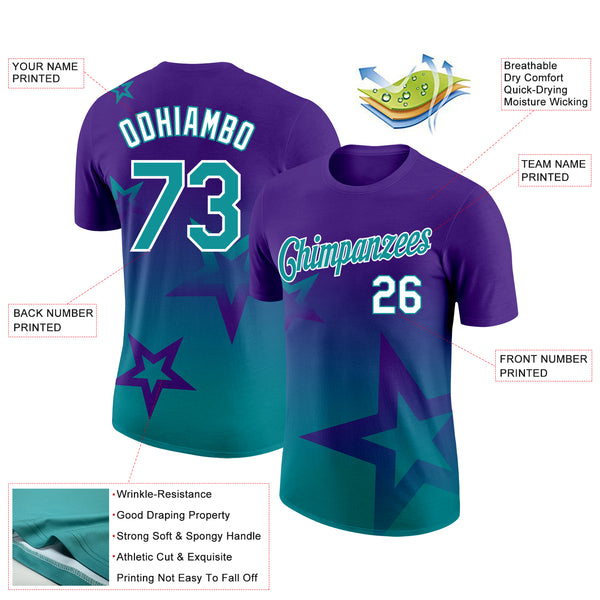 Custom Purple Teal-White 3D Pattern Design Gradient Style Twinkle Star Performance T-Shirt
