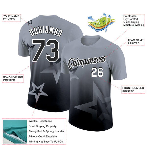 Custom Gray Black-White 3D Pattern Design Gradient Style Twinkle Star Performance T-Shirt