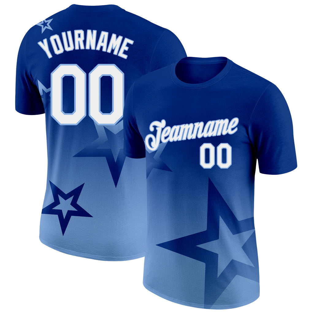 Custom Royal White-Light Blue 3D Pattern Design Gradient Style Twinkle Star Performance T-Shirt