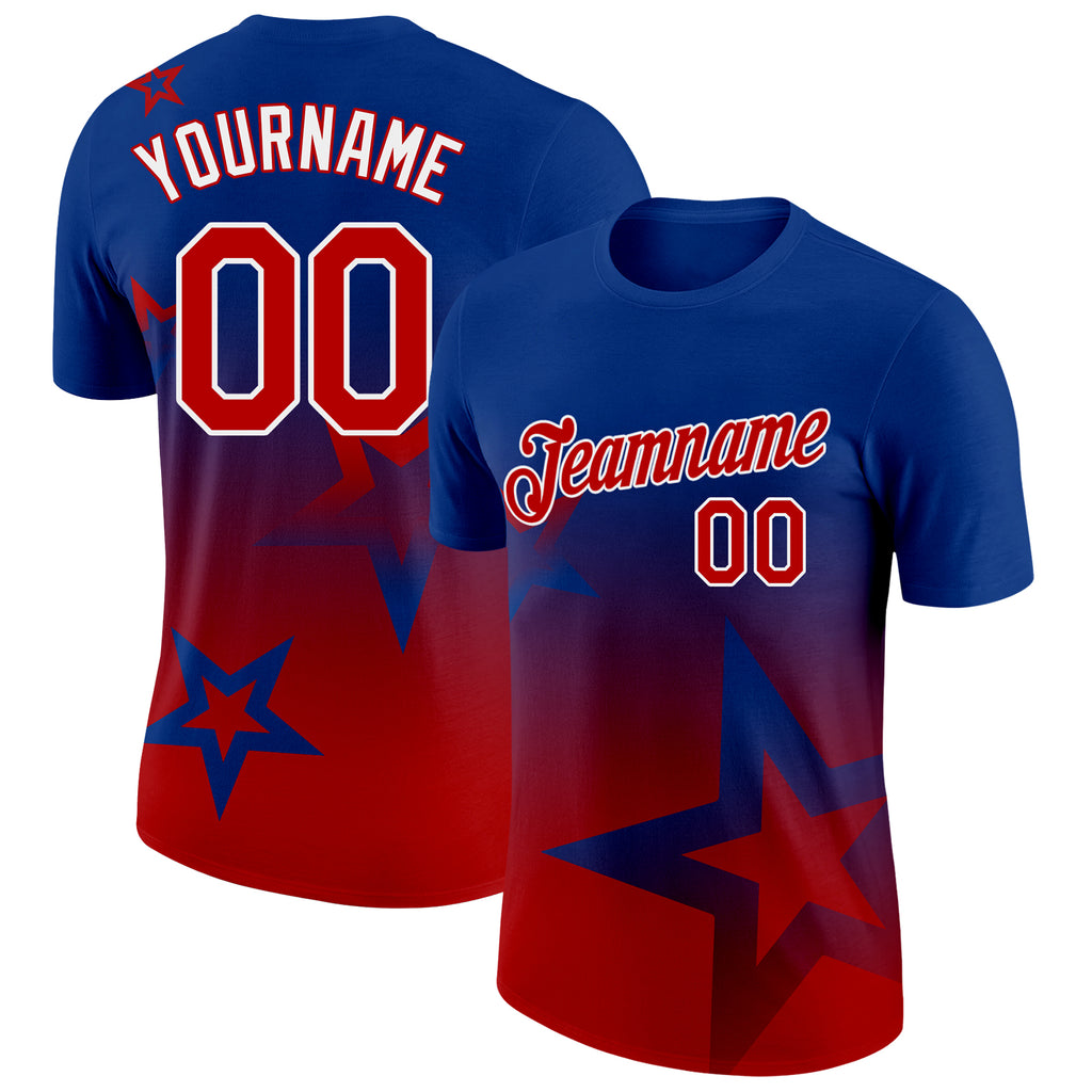 Custom Royal Red-White 3D Pattern Design Gradient Style Twinkle Star Performance T-Shirt