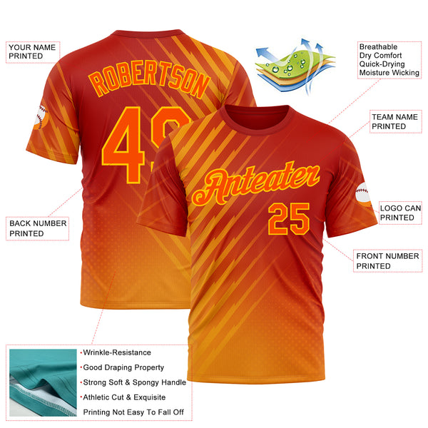 Custom Red Orange-Yellow 3D Pattern Design Spain Sport Wear Performance T-Shirt