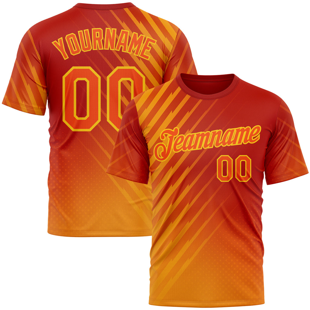 Custom Red Orange-Yellow 3D Pattern Design Spain Sport Wear Performance T-Shirt