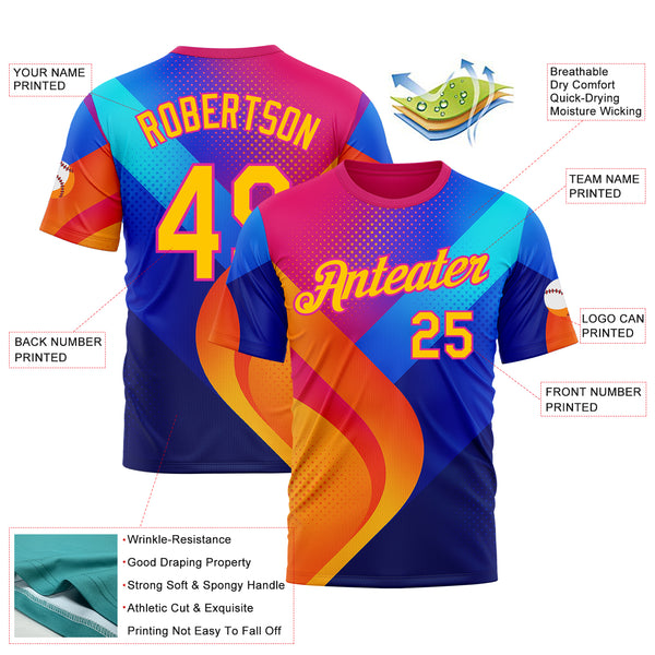 Custom Deep Pink Yellow-Blue 3D Pattern Design Neon Chromatic Sport Wear Performance T-Shirt