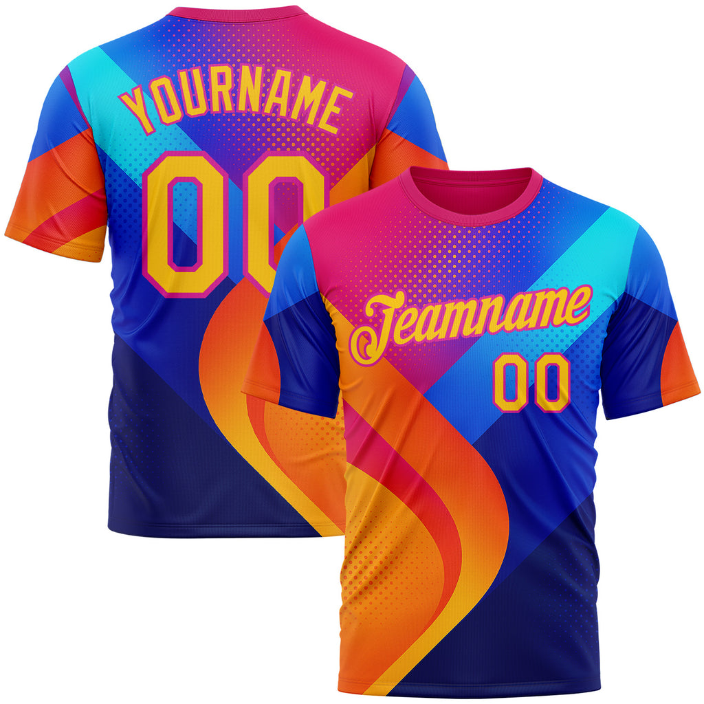 Custom Deep Pink Yellow-Blue 3D Pattern Design Neon Chromatic Sport Wear Performance T-Shirt