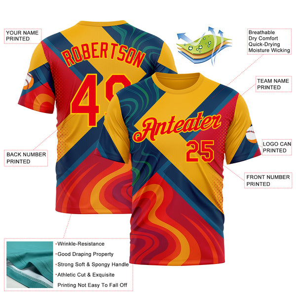 Custom Yellow Fire Red-Blue 3D Pattern Design Spain Marble Sport Wear Performance T-Shirt