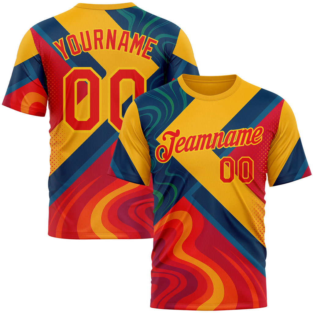 Custom Yellow Fire Red-Blue 3D Pattern Design Spain Marble Sport Wear Performance T-Shirt
