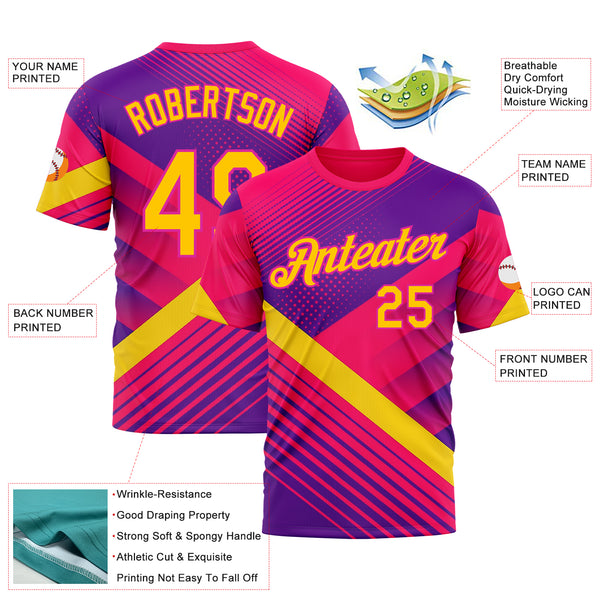 Custom Pink Yellow Purple-Deep Pink 3D Pattern Design Gradient Neon Sport Wear Performance T-Shirt
