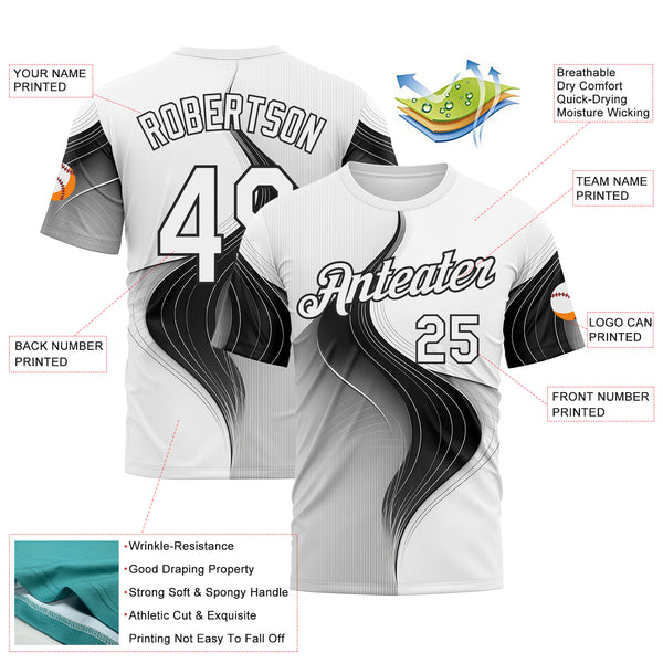 Custom White Black 3D Pattern Design Monochrome Curve Line Sport Wear Performance T-Shirt