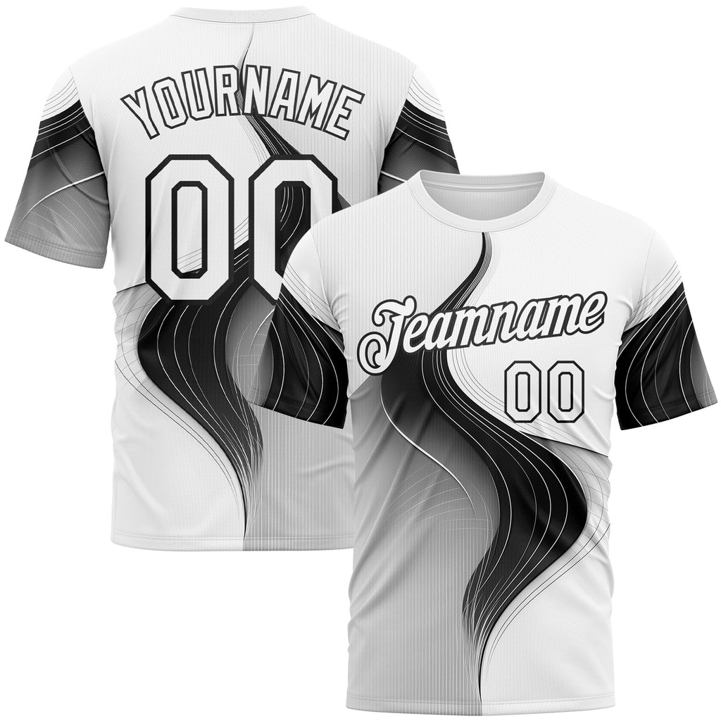 Custom White Black 3D Pattern Design Monochrome Curve Line Sport Wear Performance T-Shirt