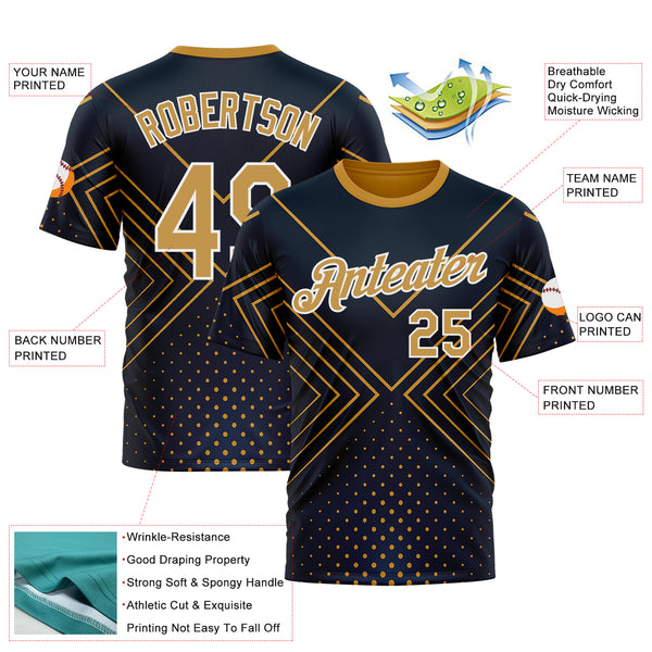 Custom Navy Old Gold-White 3D Pattern Design Geometric Shape Sport Wear Performance T-Shirt