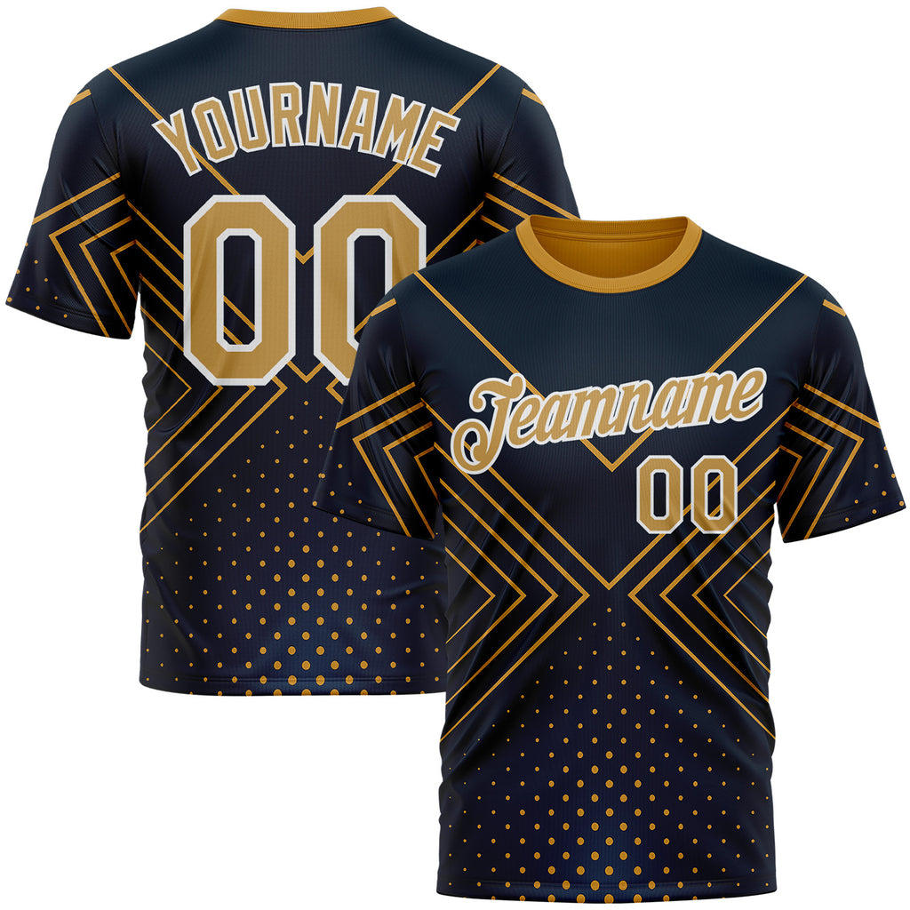 Custom Navy Old Gold-White 3D Pattern Design Geometric Shape Sport Wear Performance T-Shirt