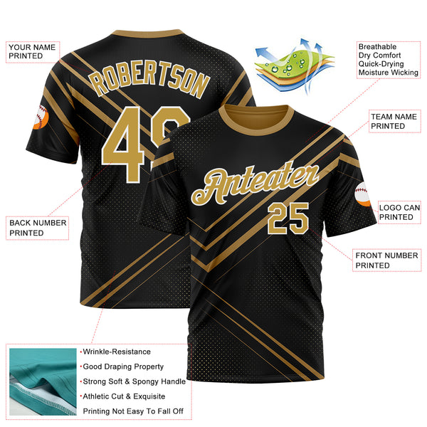 Custom Black Old Gold-White 3D Pattern Design Geometric Shape Sport Wear Performance T-Shirt