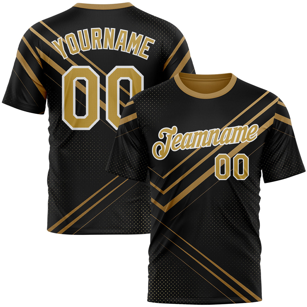 Custom Black Old Gold-White 3D Pattern Design Geometric Shape Sport Wear Performance T-Shirt