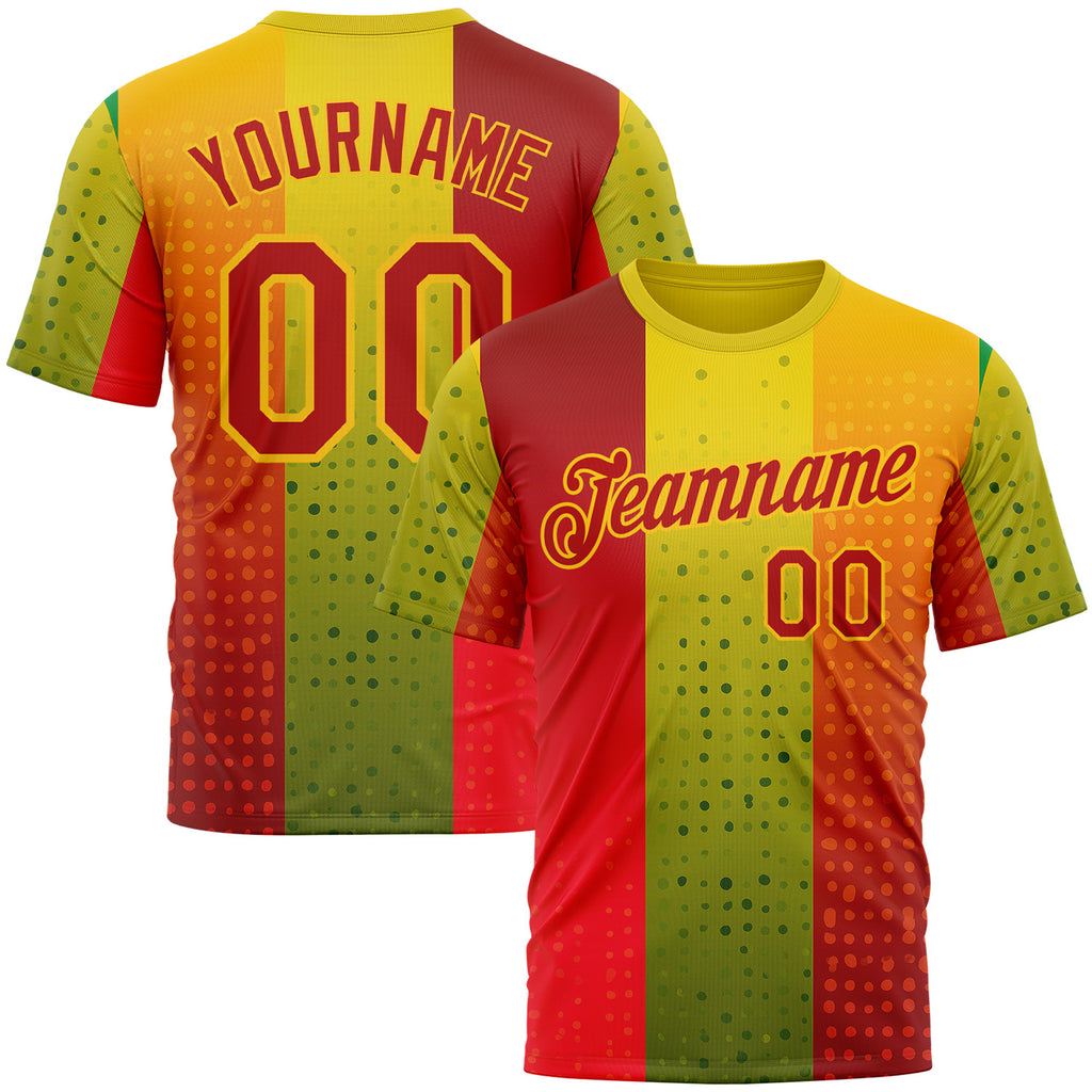 Custom Red Green-Yellow 3D Pattern Design Gradient Spain Sport Wear Performance T-Shirt