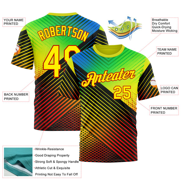 Custom Black Light Yellow Blue-Red 3D Pattern Design Neon Stripe Sport Wear Performance T-Shirt