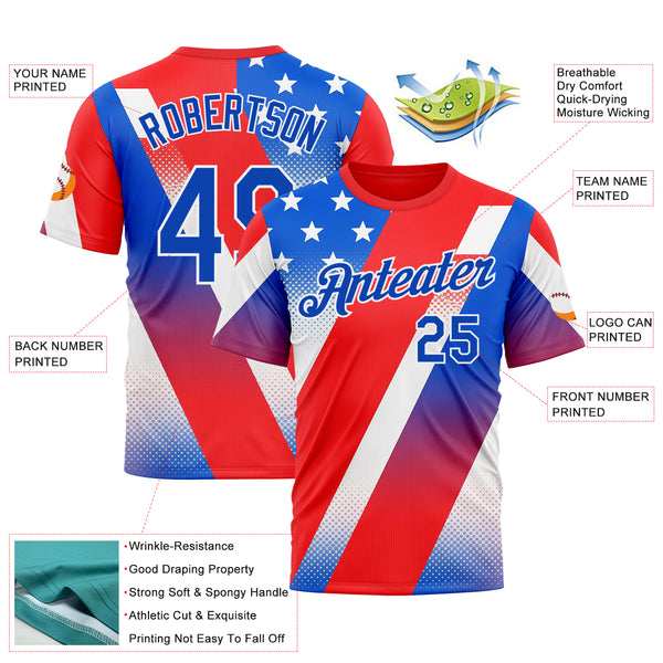 Custom Red Thunder Blue-White 3D Pattern Design USA Inspired America Sport Wear Performance T-Shirt