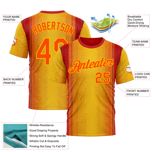 Custom Yellow Orange 3D Pattern Design Gradient Spain Sport Wear Performance T-Shirt