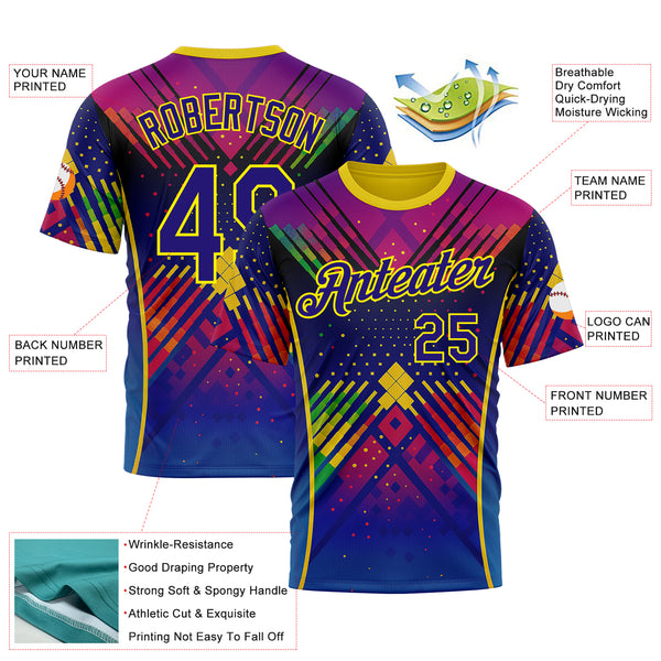 Custom Dark Purple Light Yellow-Red 3D Pattern Design Neon Chromatic Sport Wear Performance T-Shirt